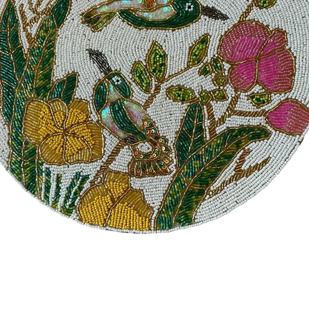 Nicole Miller Glass Beaded Placemat Charger 15in Colorful Bird & Floral NEW
